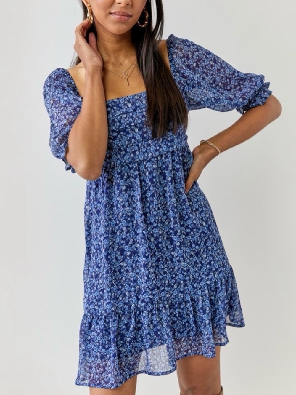 Trixxi Blue Floral Smocked Square-Neck Mini Dress